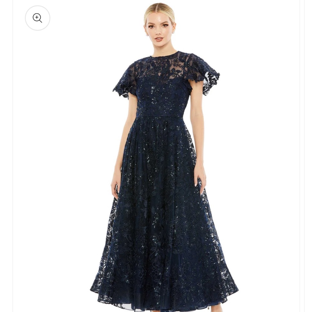 MAC DUGGAL Dress Size 18 Evening Gown Sequin Navy Blue NEW Midi Lace Fit Flare